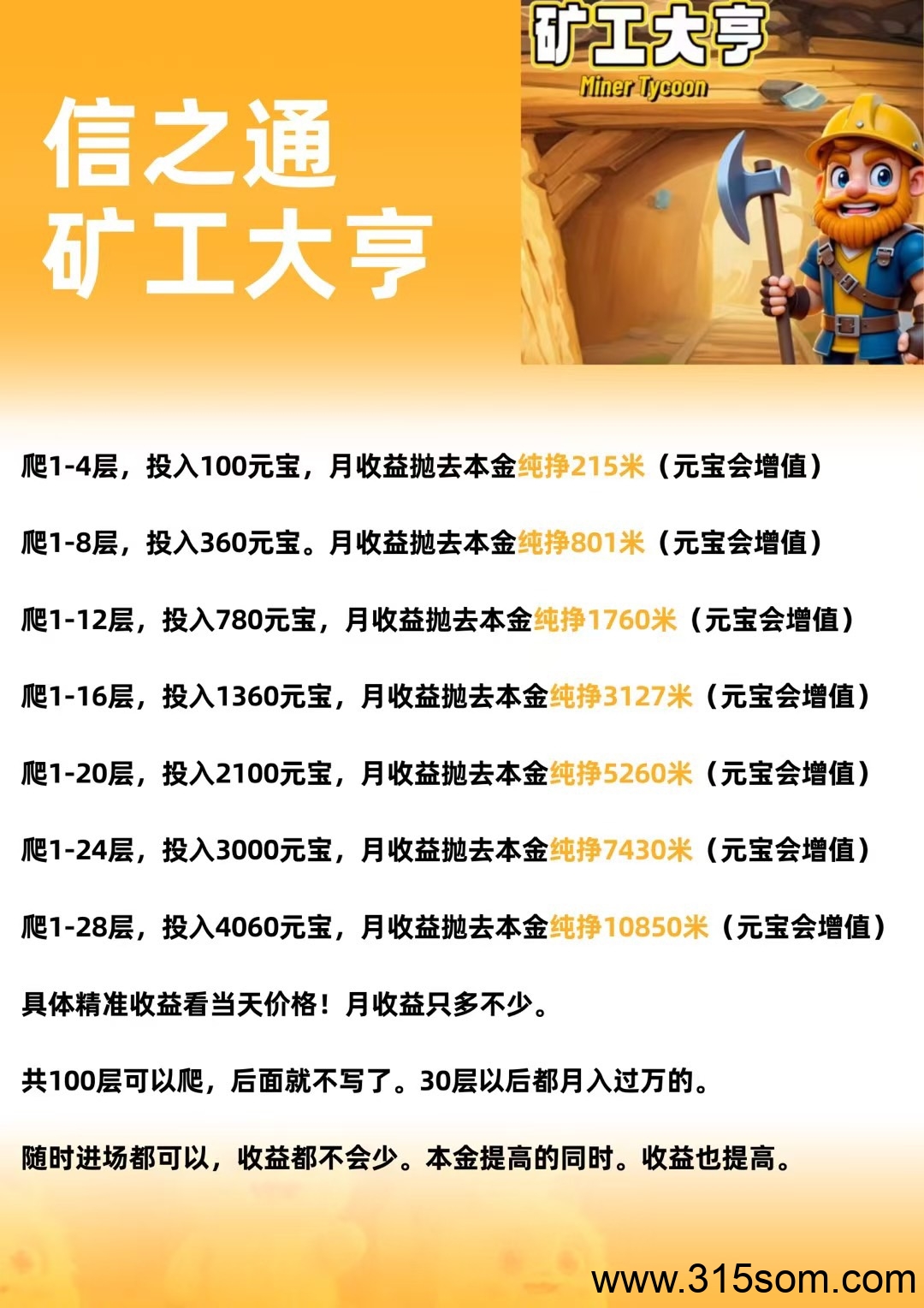 零撸矿工大亨，注册就送矿工，早上车早吃肉，只带代理群，收出方便，1个元4米以上，每日涨3分