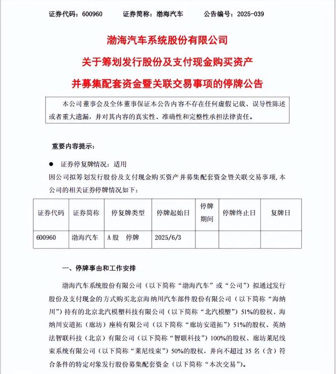渤海汽车拟筹划重大资产重组，停牌