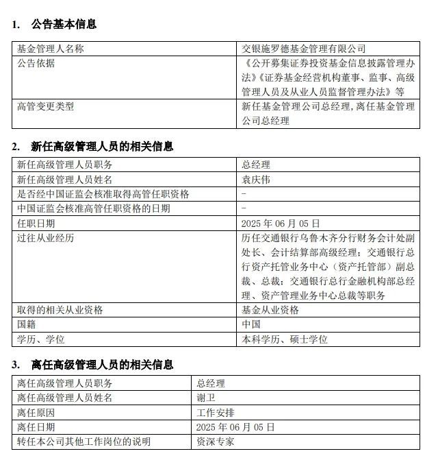 行业元老卸任！交银施罗德基金总经理变更